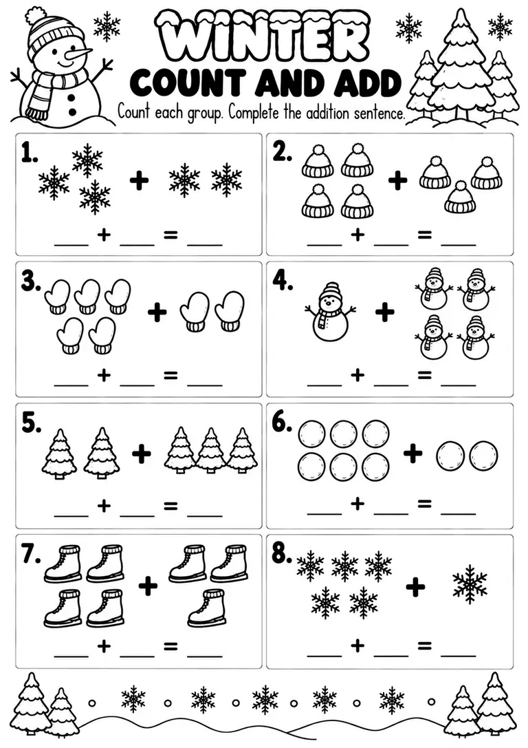 WINTER COUNT AND ADD for Pre-K, Kindergarten, 1st Grade