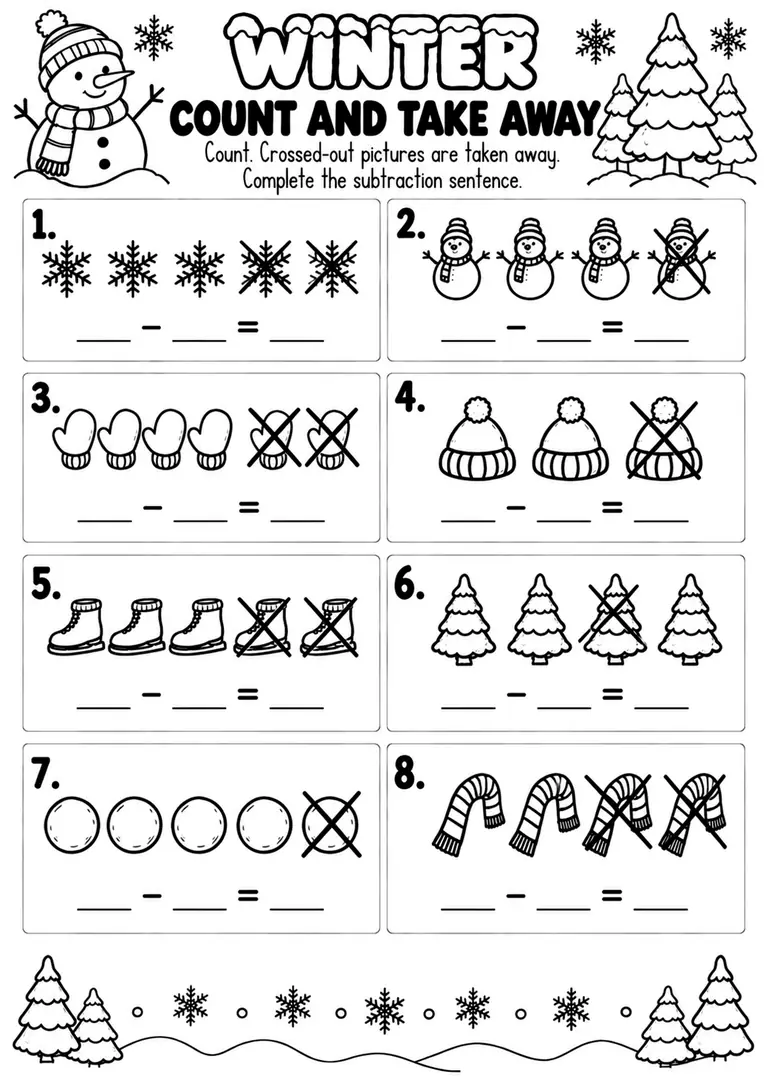 WINTER COUNT AND TAKE AWAY for Pre-K, Kindergarten, 1st Grade