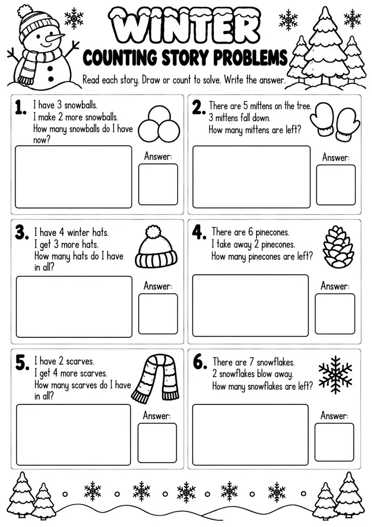 WINTER COUNTING STORY PROBLEMS for Pre-K, Kindergarten, 1st Grade
