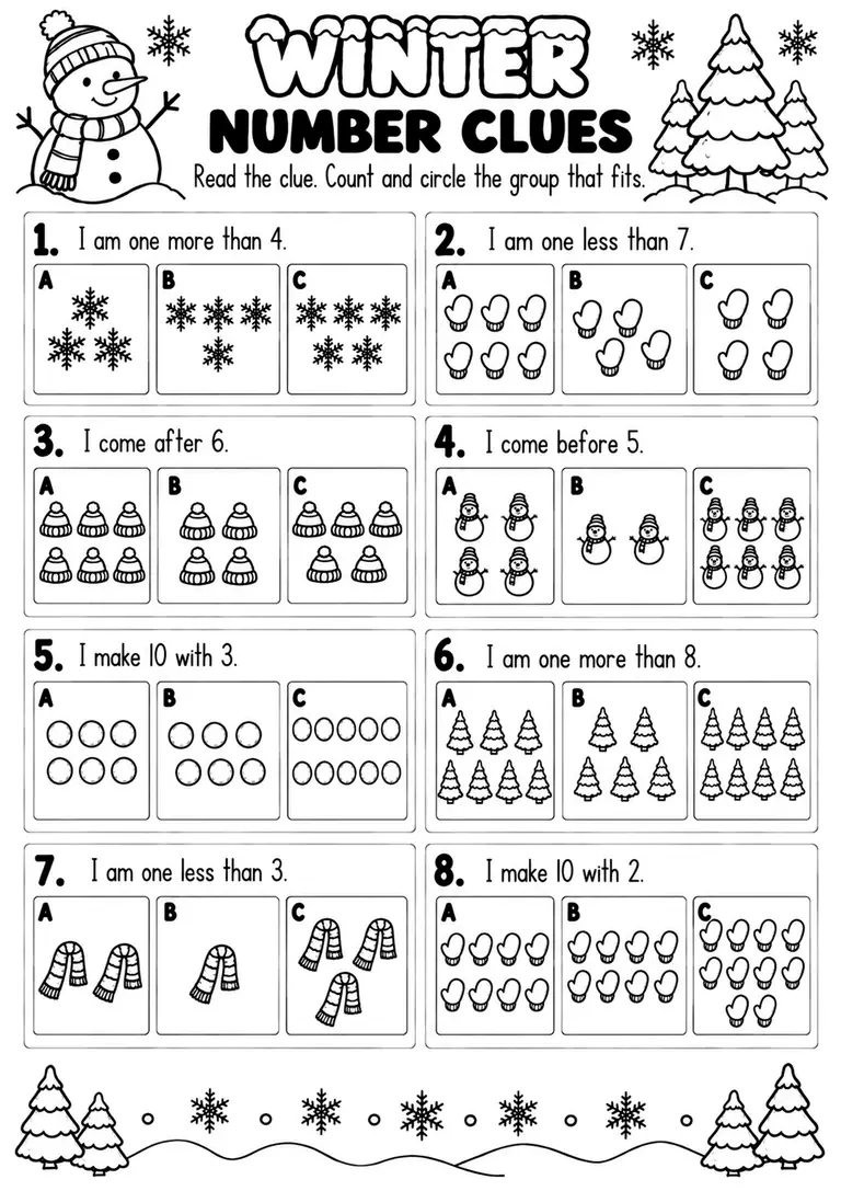WINTER NUMBER CLUES for Pre-K, Kindergarten, 1st Grade