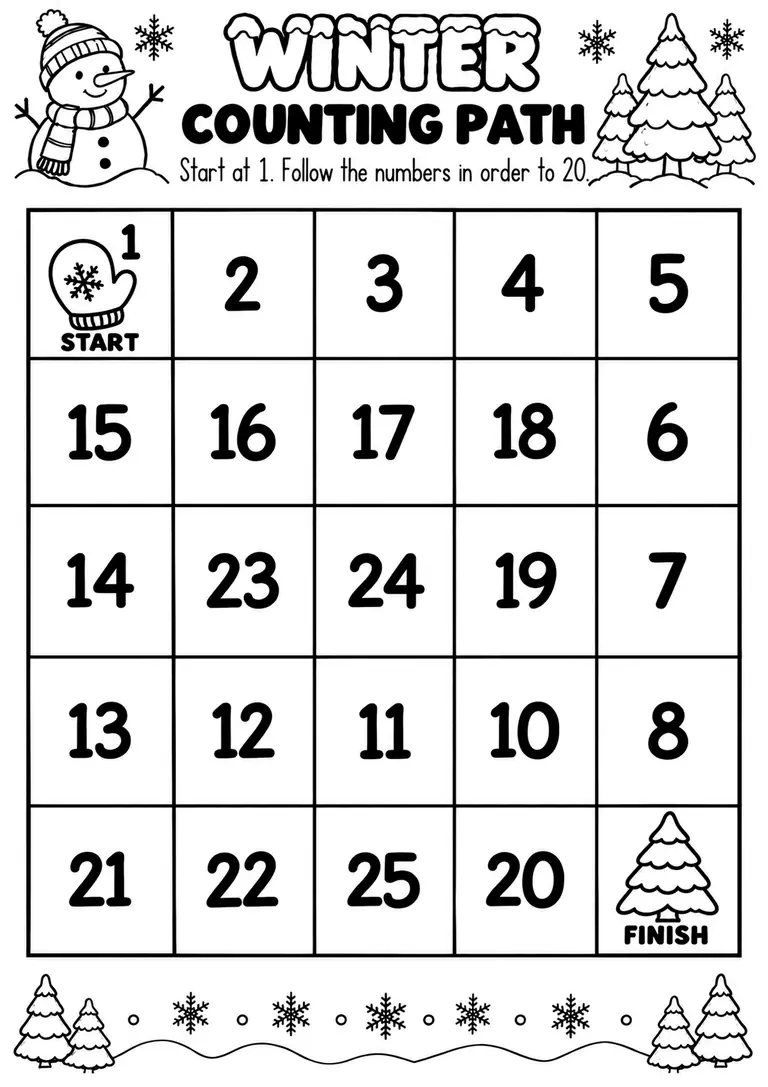 WINTER COUNTING PATH WORKSHEET for Pre-K, Kindergarten, 1st Grade