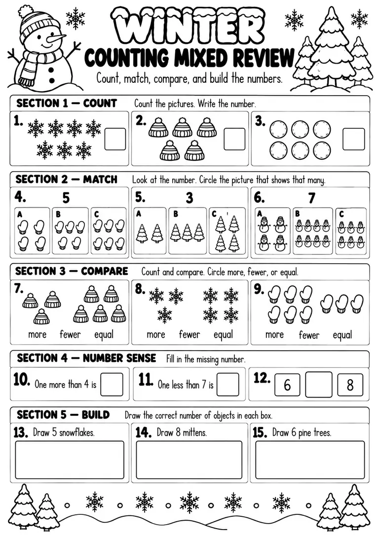 WINTER COUNTING MIXED REVIEW for Pre-K, Kindergarten, 1st Grade