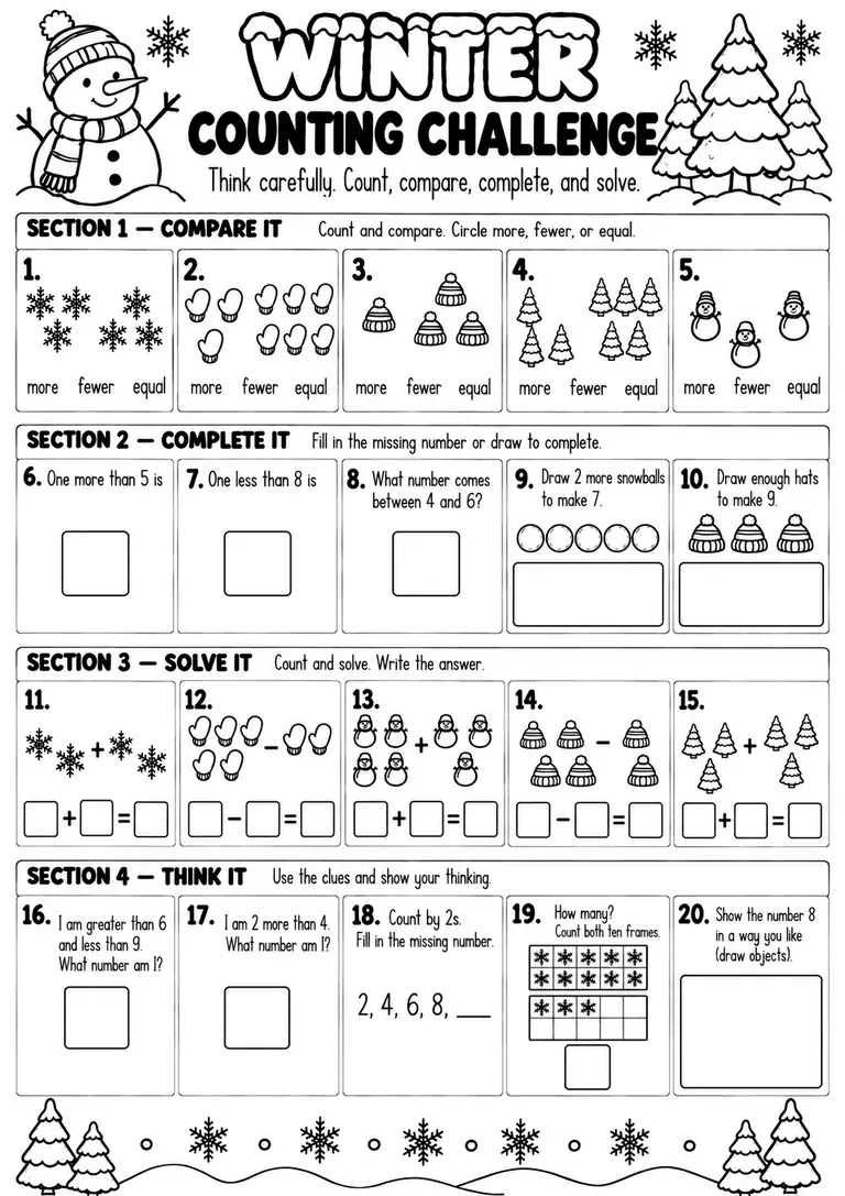 WINTER COUNTING CHALLENGE for Pre-K, Kindergarten, 1st Grade
