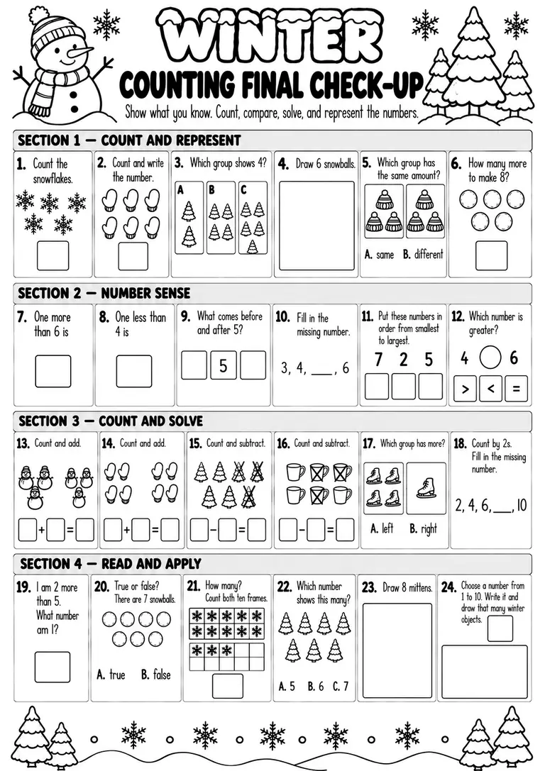 WINTER COUNTING FINAL CHECK-UP for Pre-K, Kindergarten, 1st Grade