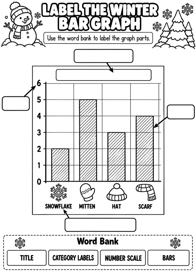 LABEL THE WINTER BAR GRAPH for Pre-K, Kindergarten, 1st Grade