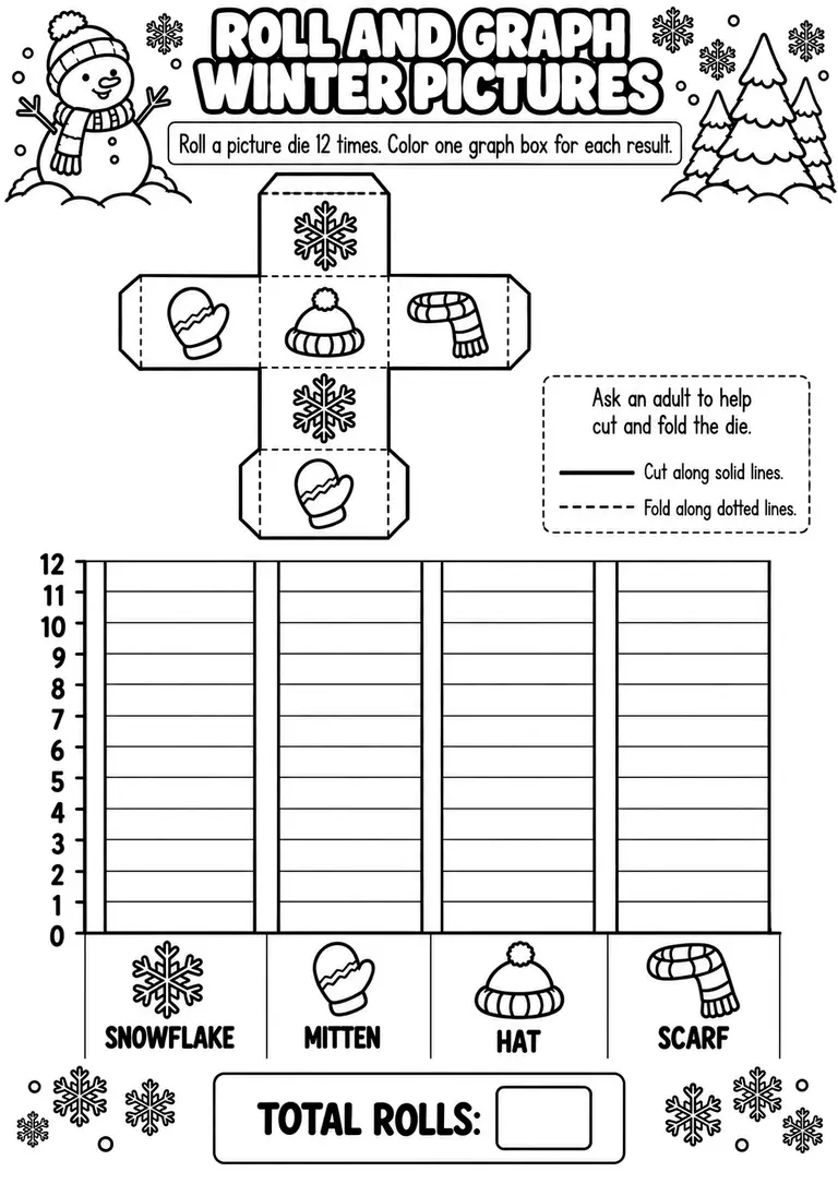 ROLL AND GRAPH WINTER PICTURES for Pre-K, Kindergarten, 1st Grade