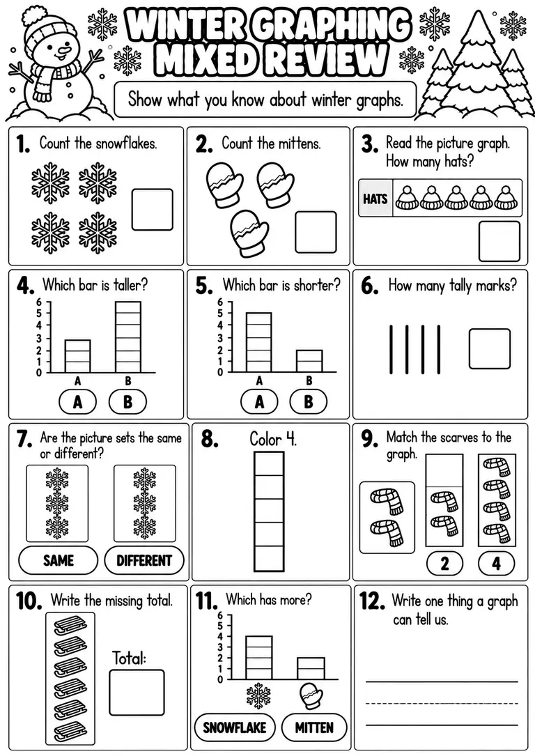 WINTER GRAPHING MIXED REVIEW for Pre-K, Kindergarten, 1st Grade