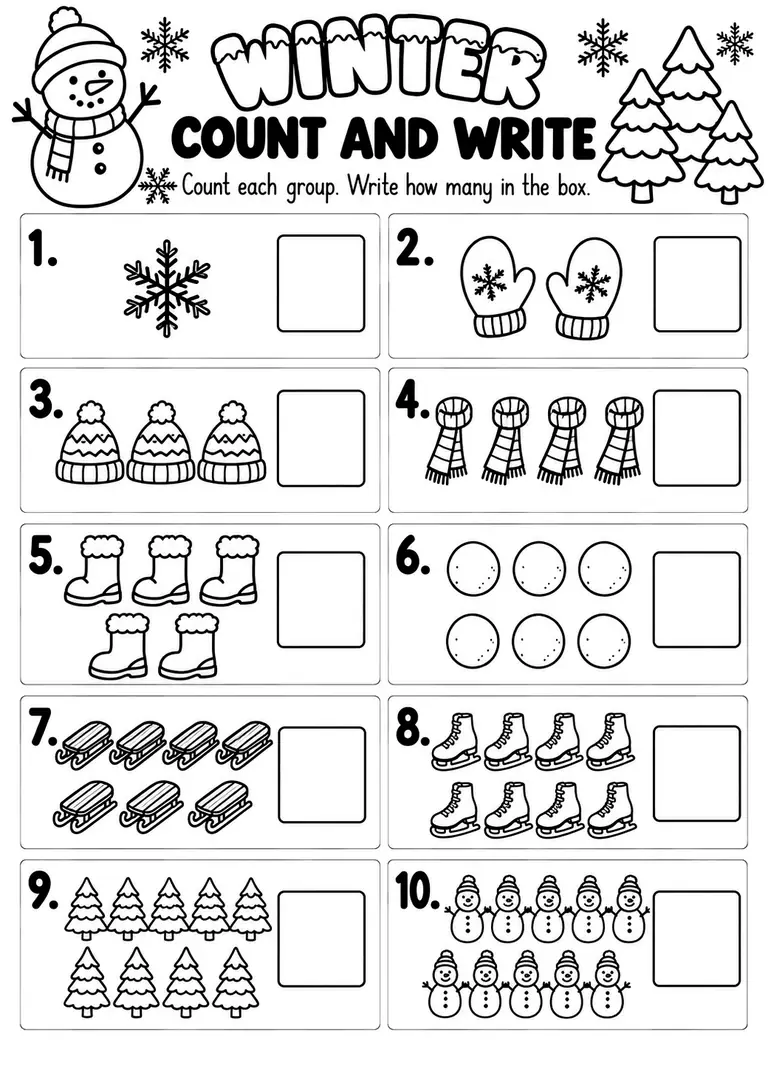 Winter Count and Write WORKSHEET for Kindergarten, 1st Grade