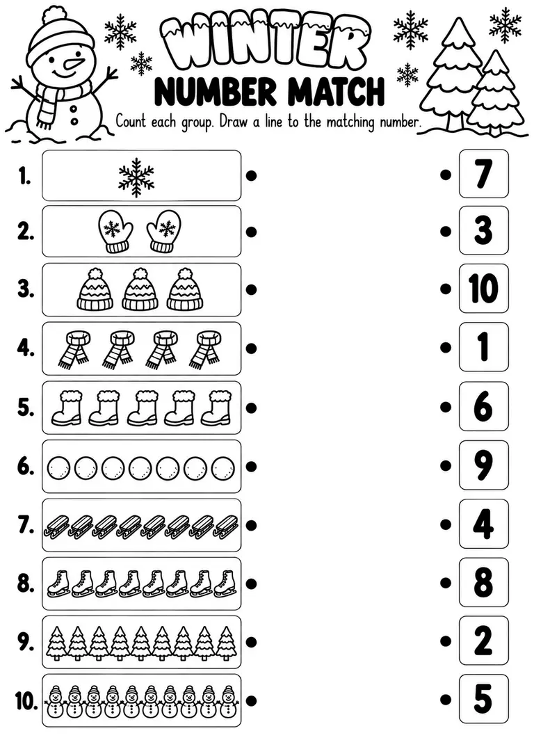 Winter Number Match for Kindergarten, 1st Grade