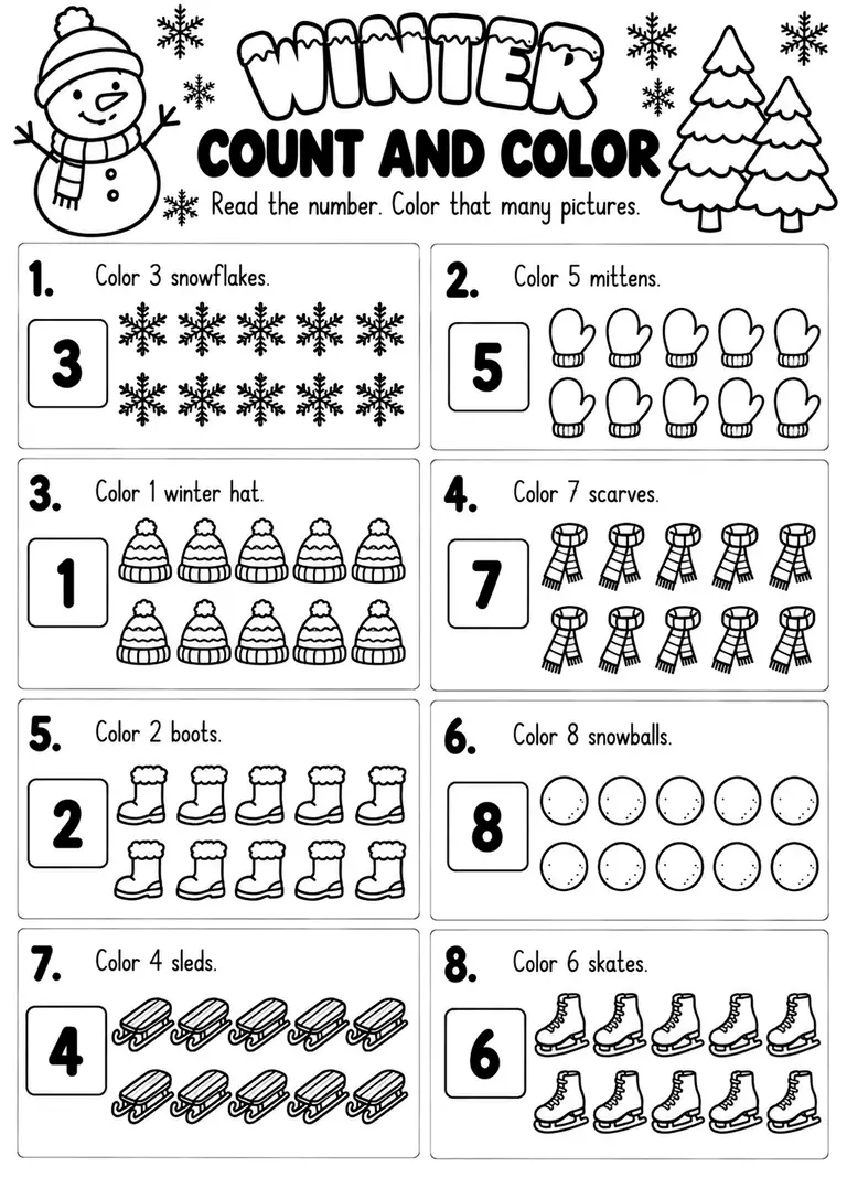 Winter Count and Color for Kindergarten, 1st Grade