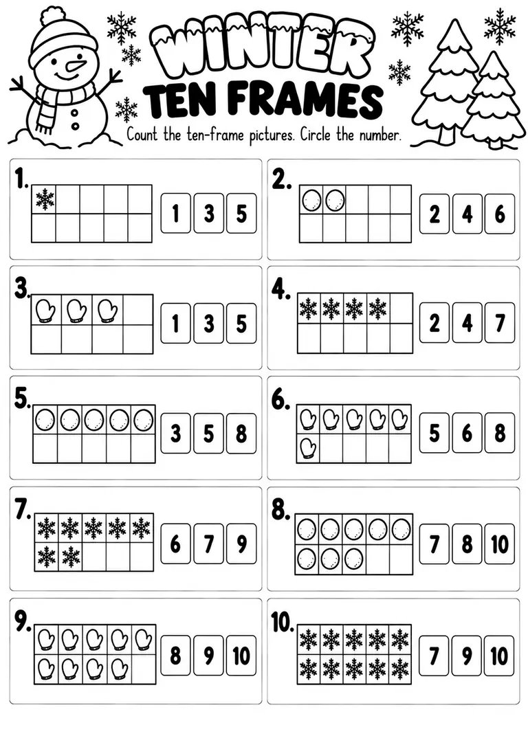 Winter Ten Frames WORKSHEET for Kindergarten, 1st Grade