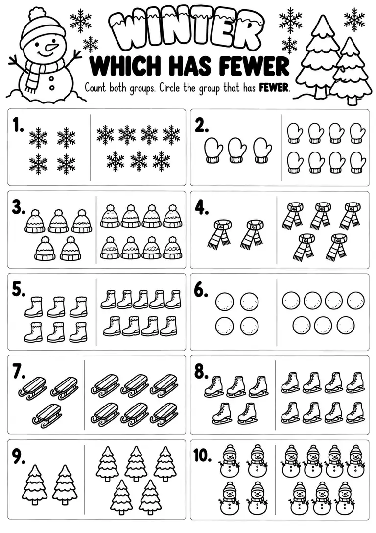 Winter Which Has Fewer for Kindergarten, 1st Grade