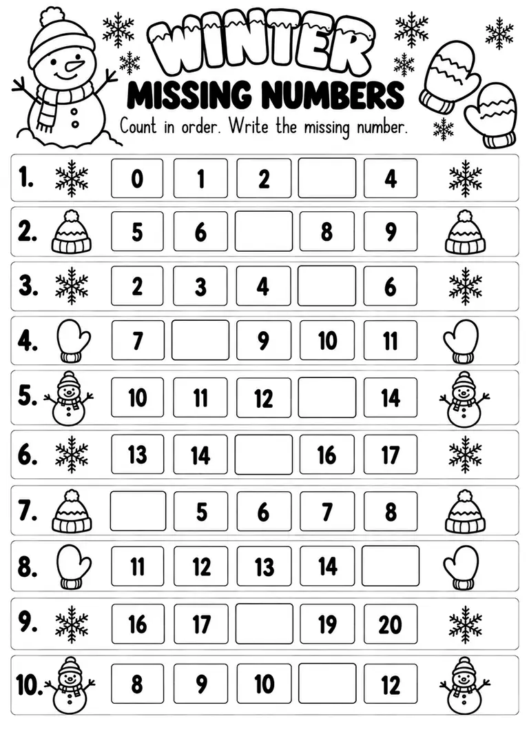 Winter Missing Numbers WORKSHEET for Kindergarten, 1st Grade