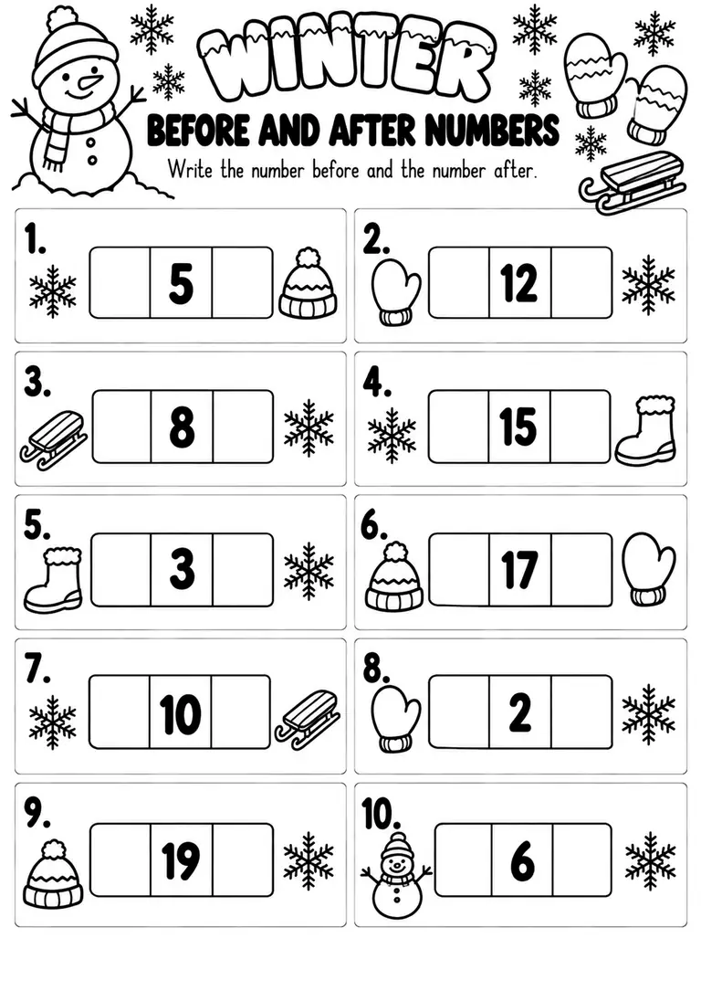 Winter Before and After Numbers WORKSHEET for Kindergarten, 1st Grade