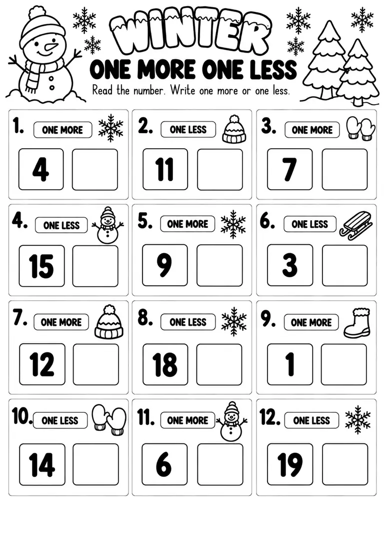 Winter One More One Less WORKSHEET for Kindergarten, 1st Grade