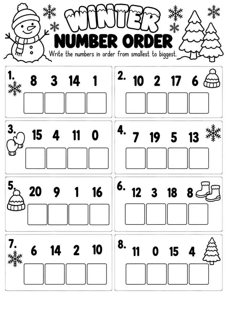 Winter Number Order for Kindergarten, 1st Grade