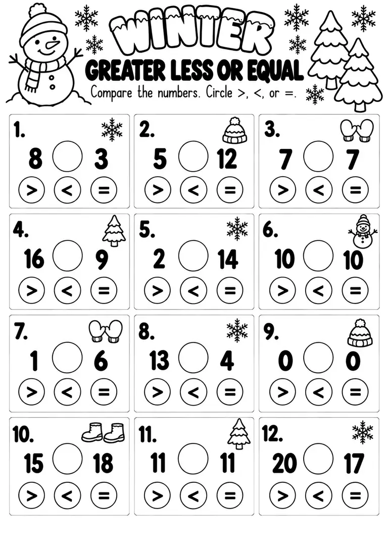 Winter Greater Less or Equal WORKSHEET for Kindergarten, 1st Grade