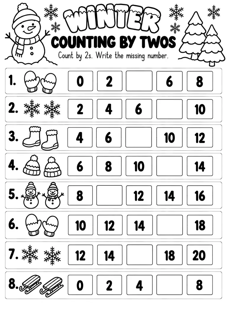 Winter Counting by Twos for Kindergarten, 1st Grade