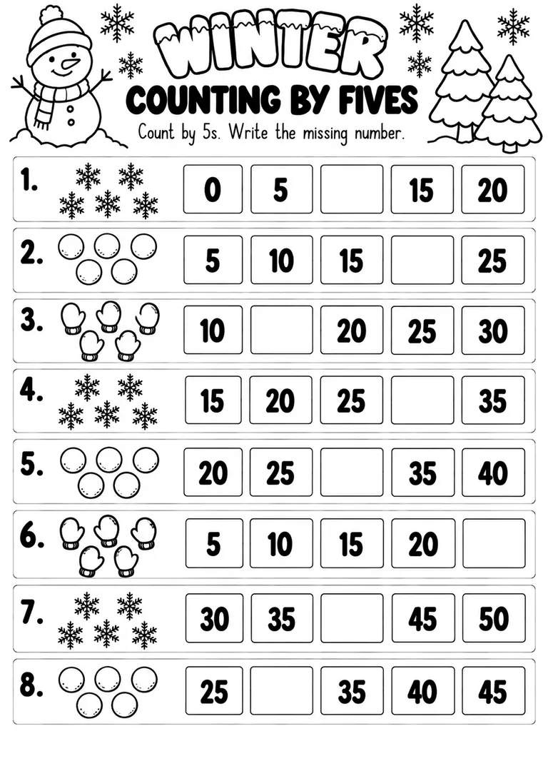 Winter Counting by Fives for Kindergarten, 1st Grade