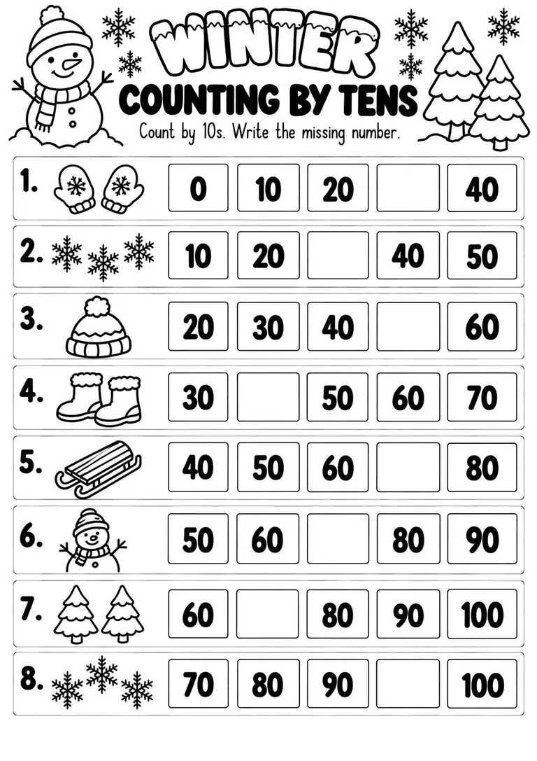 Winter Counting by Tens for Kindergarten, 1st Grade