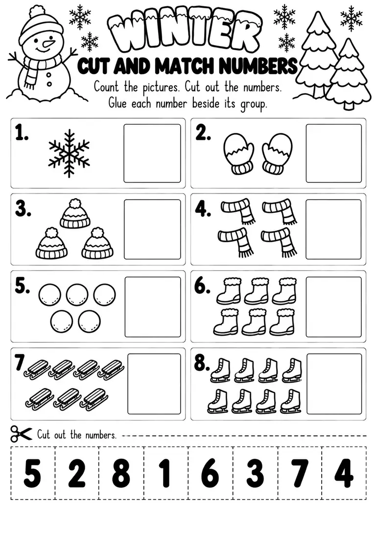 Winter Cut and Match Numbers for Kindergarten, 1st Grade