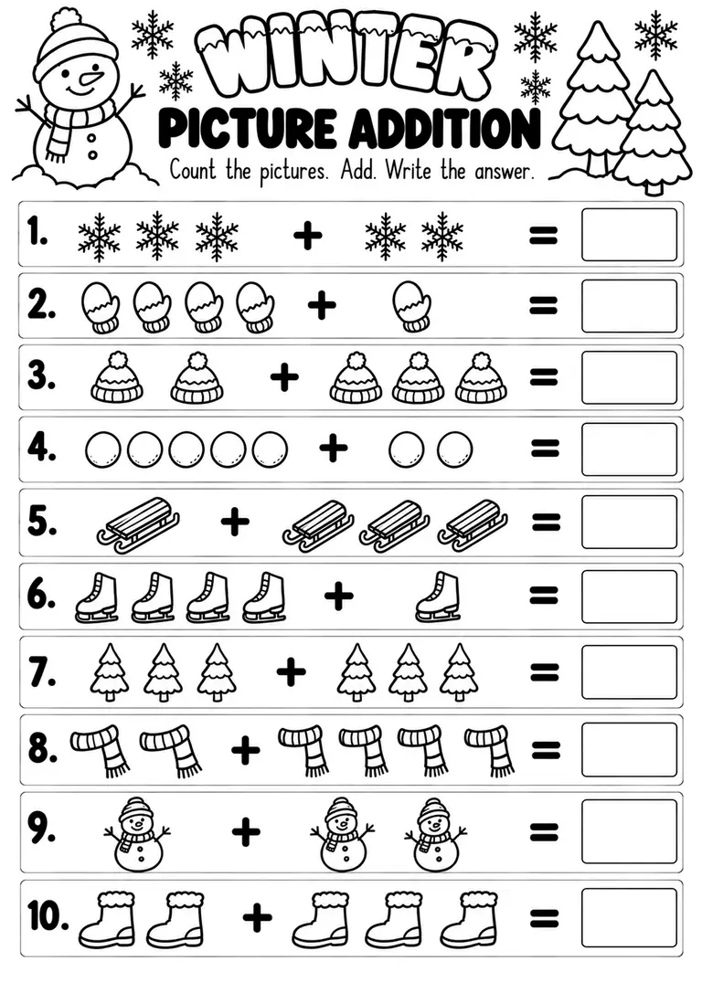 Winter Picture Addition for Kindergarten, 1st Grade