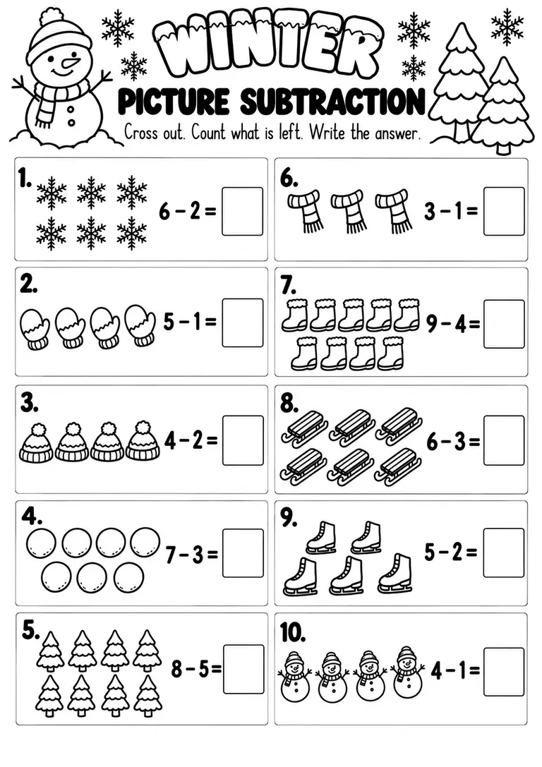 Winter Picture Subtraction for Kindergarten, 1st Grade