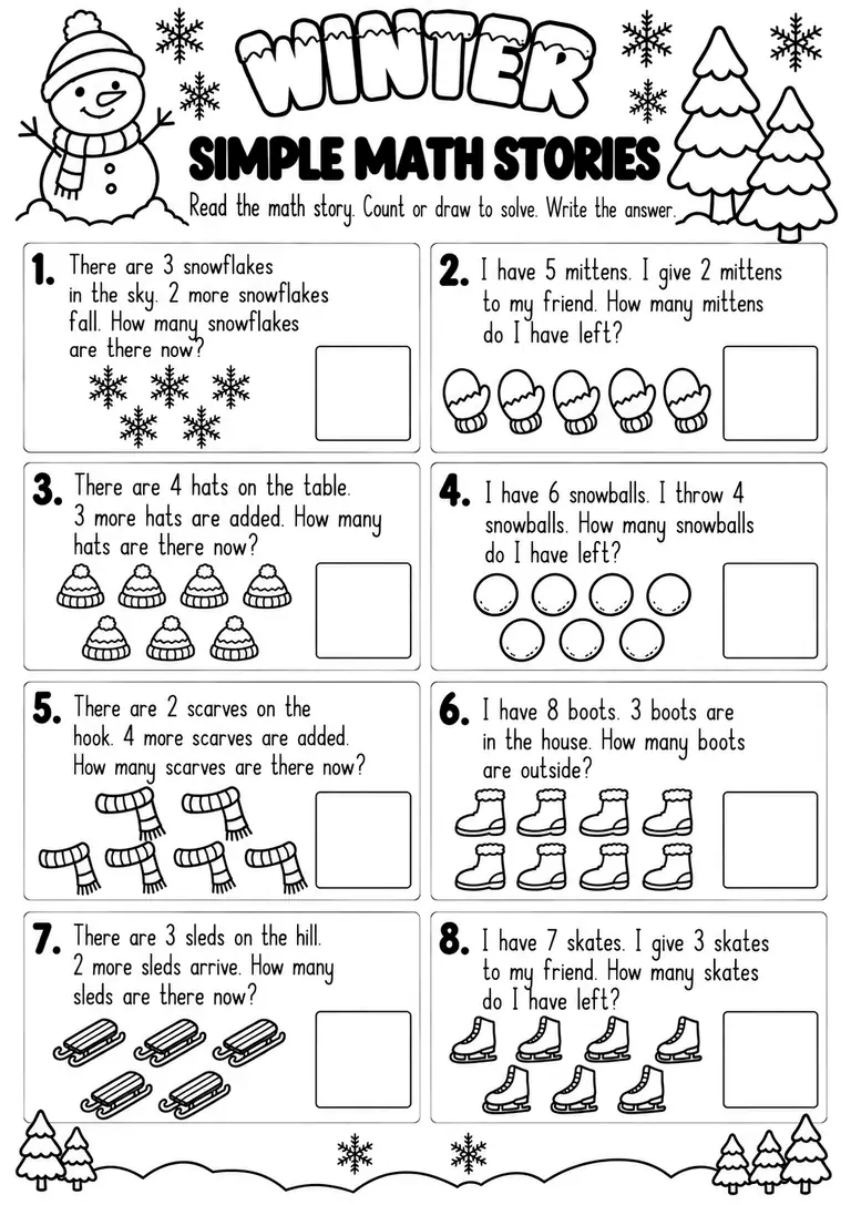 Winter Simple Math Stories for Kindergarten, 1st Grade