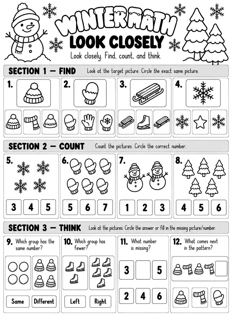 Winter Math Look Closely for Kindergarten, 1st Grade