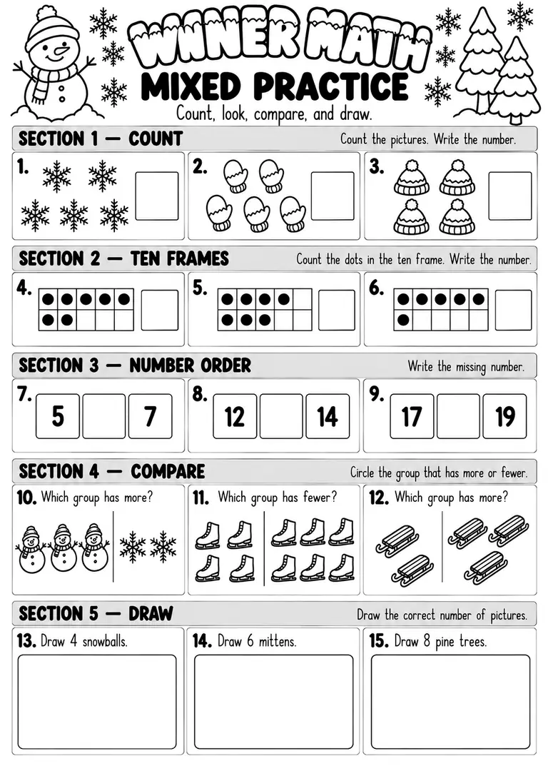 Winter Math Mixed Practice for Kindergarten, 1st Grade
