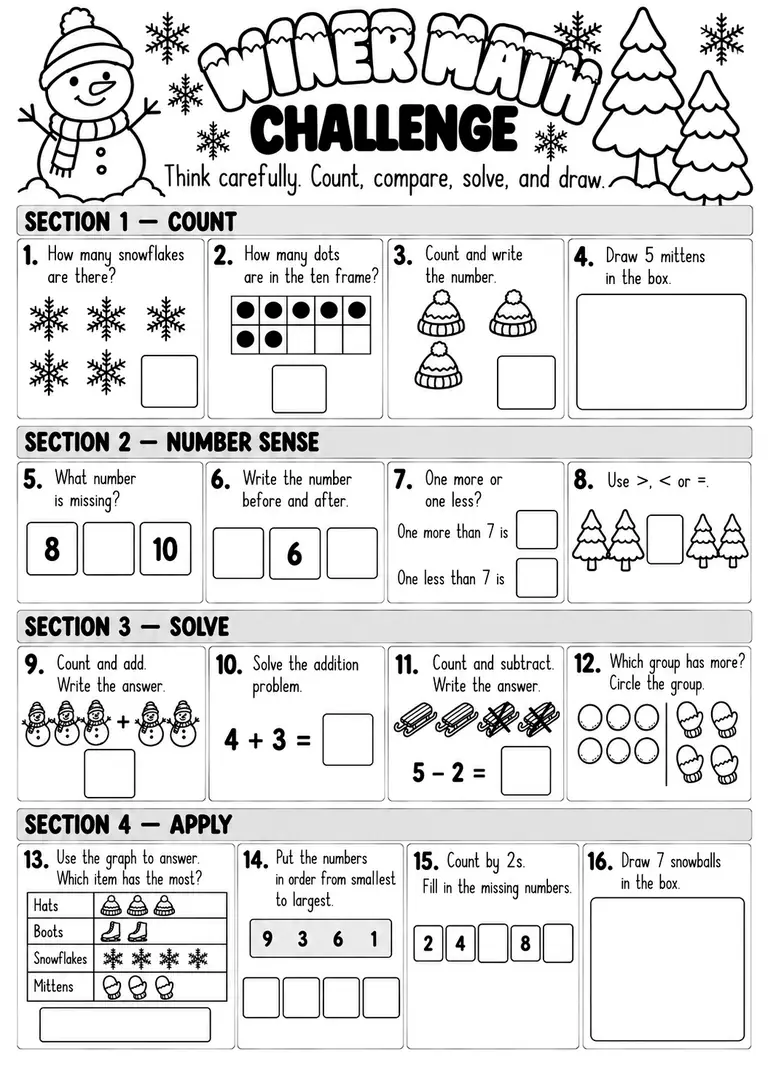 Winter Math Challenge for Kindergarten, 1st Grade