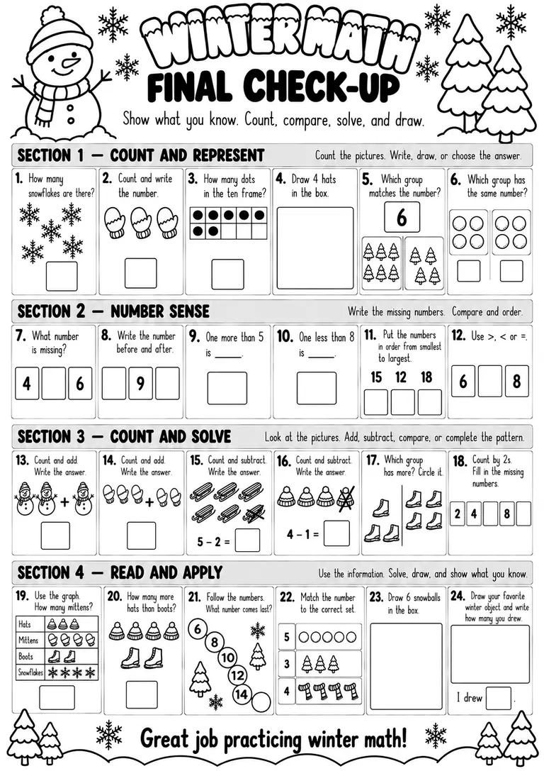 Winter Math Final Check-Up for Kindergarten, 1st Grade