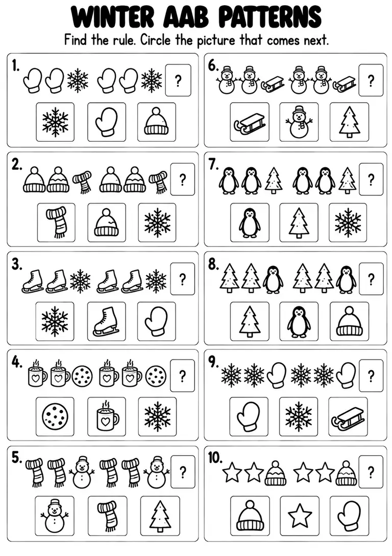 Winter AAB Patterns for Kindergarten, 1st Grade