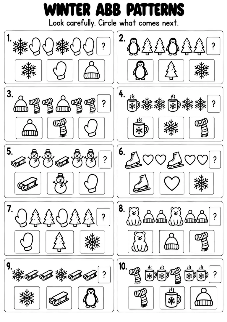 Winter ABB Patterns for Kindergarten, 1st Grade