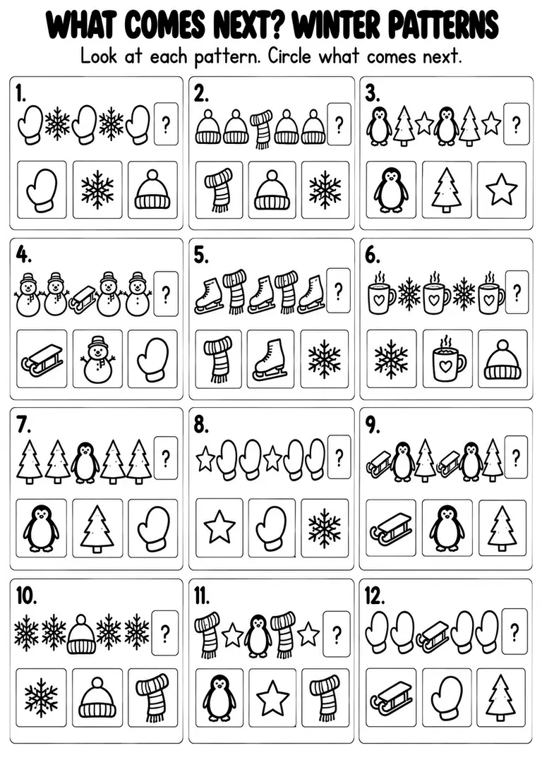What Comes Next? Winter Patterns for Kindergarten, 1st Grade