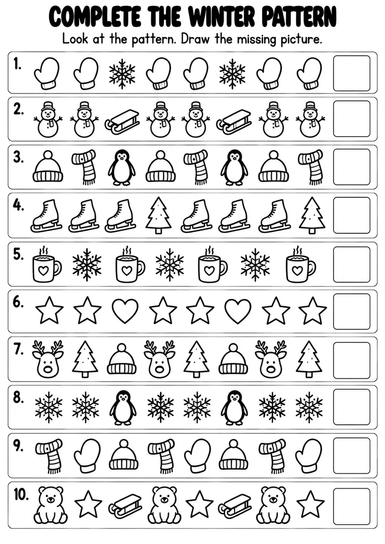 Complete the Winter Pattern for Kindergarten, 1st Grade