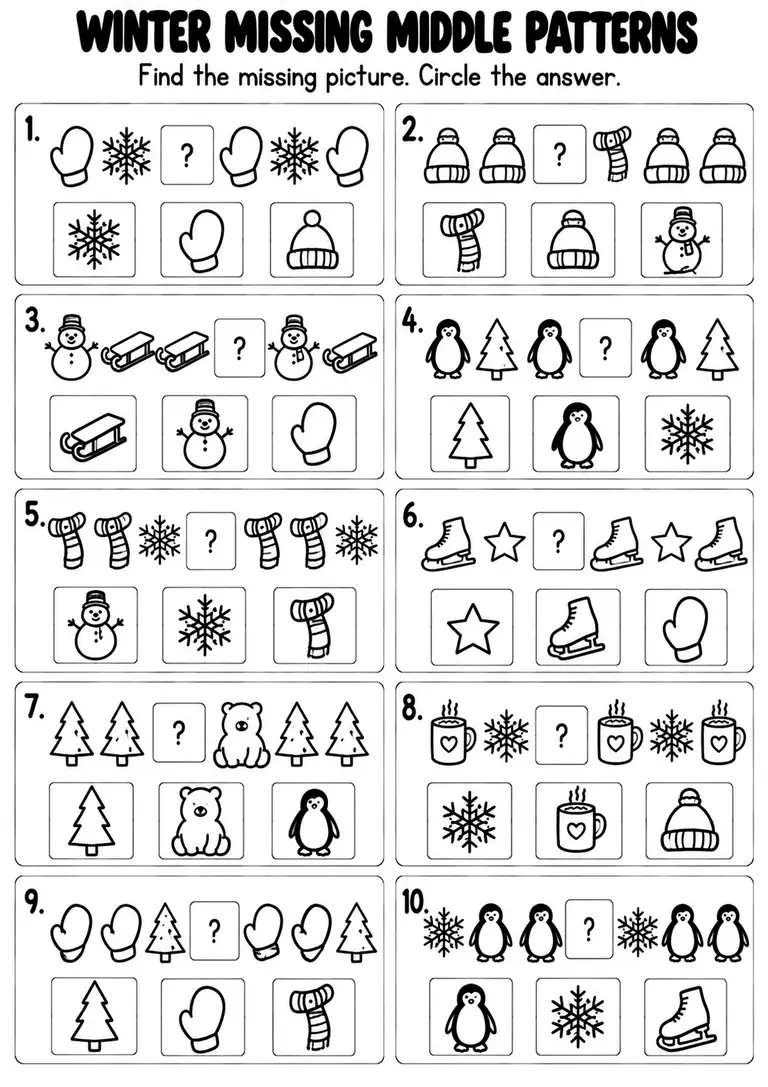 Winter Missing Middle Patterns for Kindergarten, 1st Grade