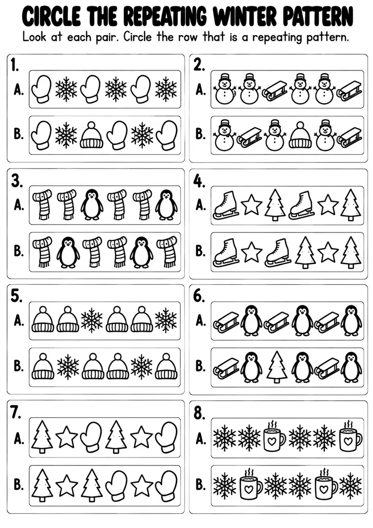 Circle the Repeating Winter Pattern for Kindergarten, 1st Grade