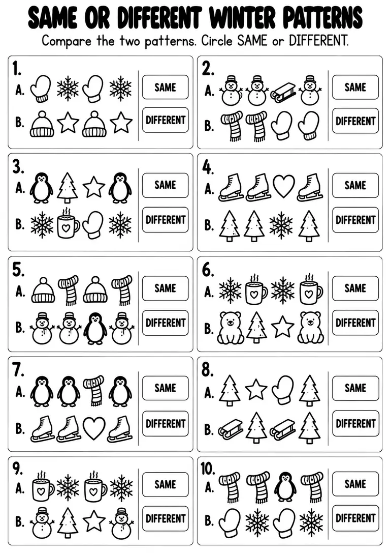 Same or Different Winter Patterns for Kindergarten, 1st Grade