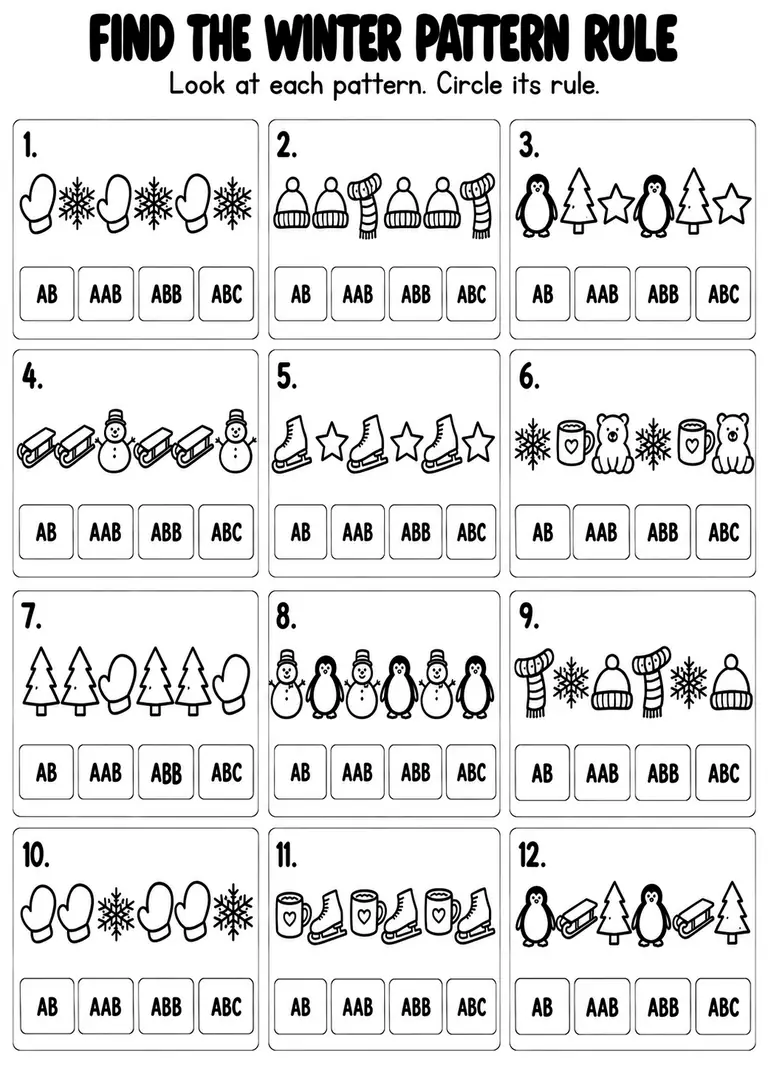 Find the Winter Pattern Rule for Kindergarten, 1st Grade