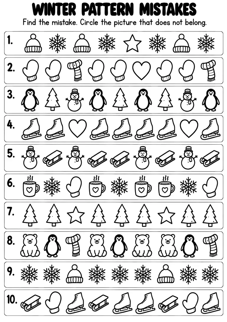 Winter Pattern Mistakes for Kindergarten, 1st Grade