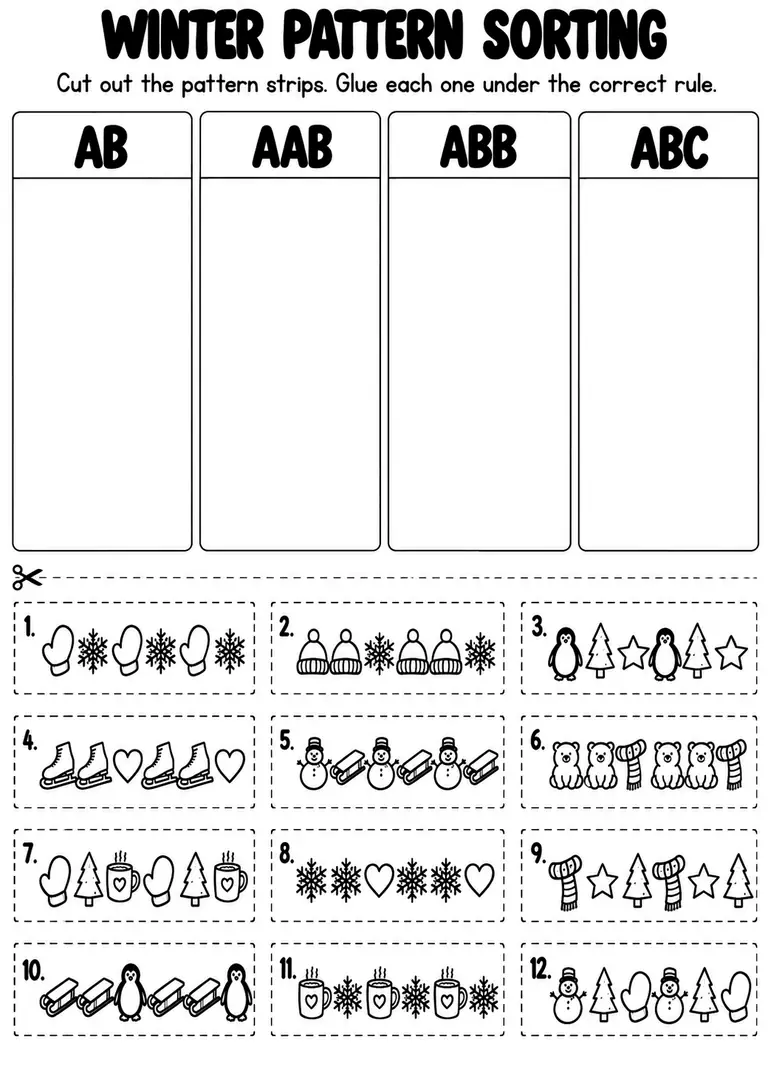 Winter Pattern Sorting for Kindergarten, 1st Grade