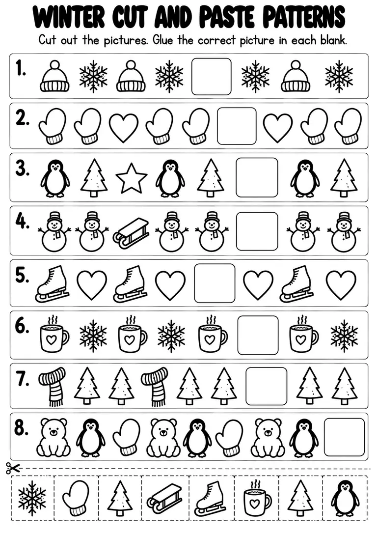 Winter Cut and Paste Patterns for Kindergarten, 1st Grade