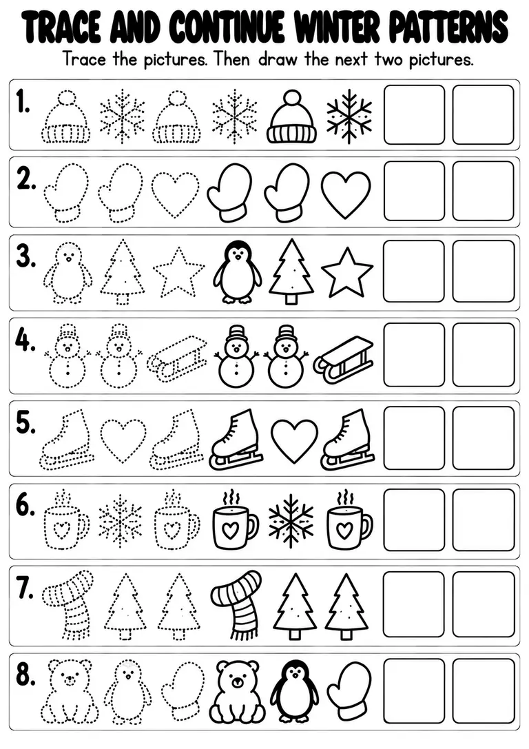 Trace and Continue Winter Patterns for Kindergarten, 1st Grade