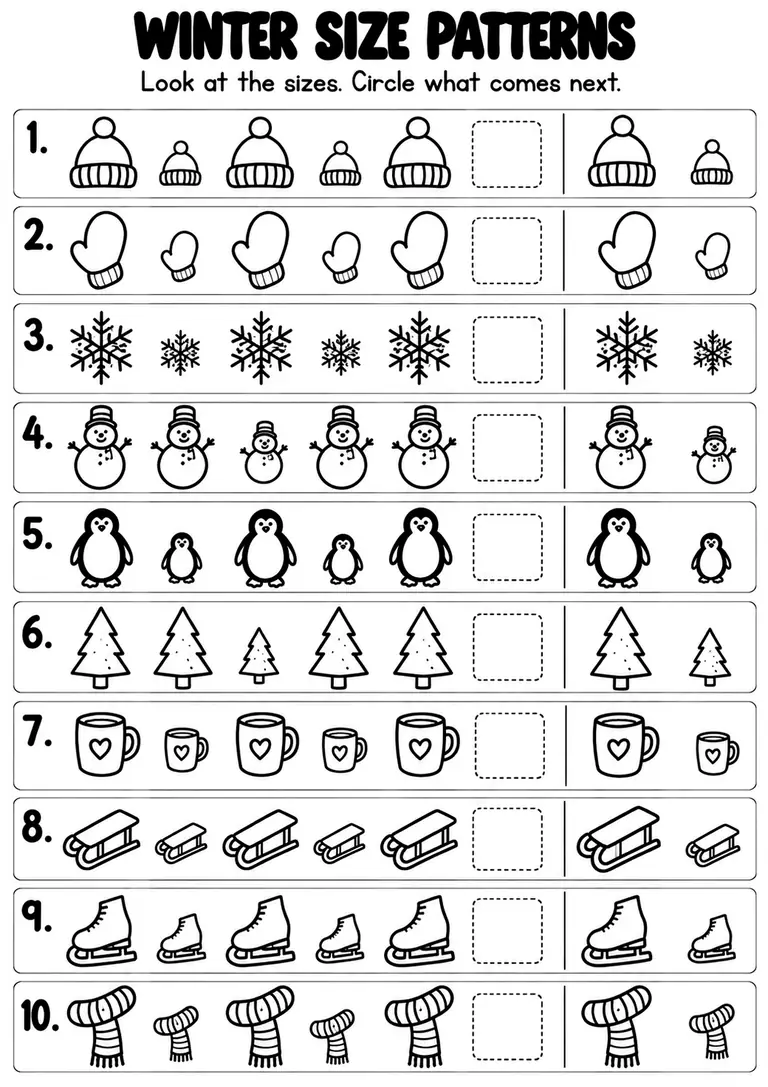 Winter Size Patterns for Kindergarten, 1st Grade