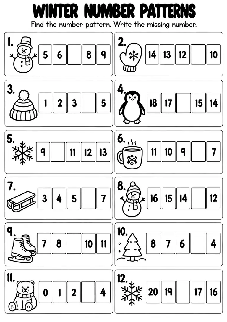 Winter Number Patterns for Kindergarten, 1st Grade