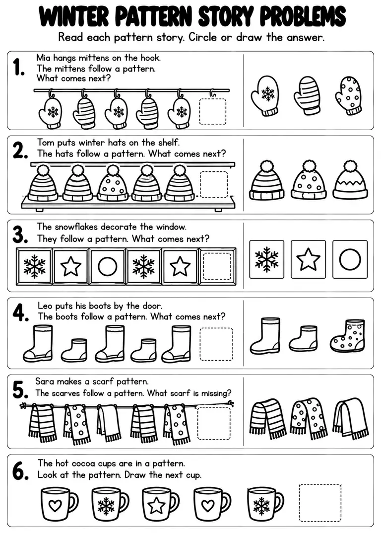 Winter Pattern Story Problems for Kindergarten, 1st Grade