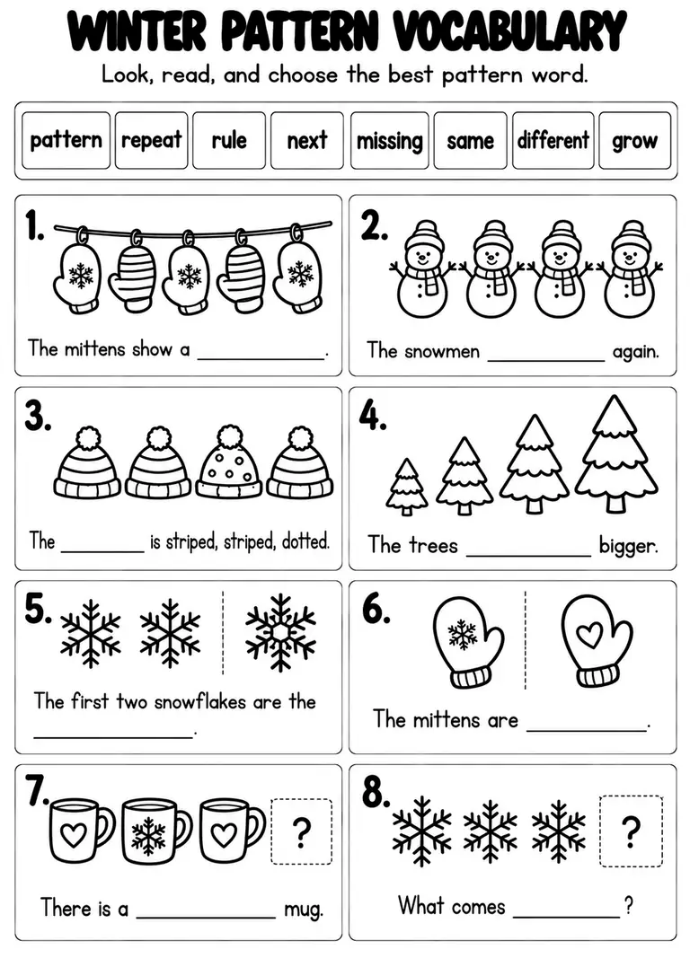 Winter Pattern Vocabulary for Kindergarten, 1st Grade