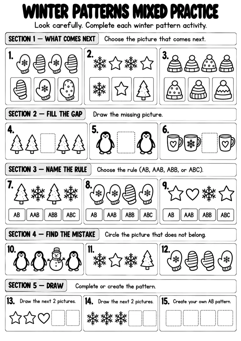 Winter Patterns Mixed Practice for Kindergarten, 1st Grade