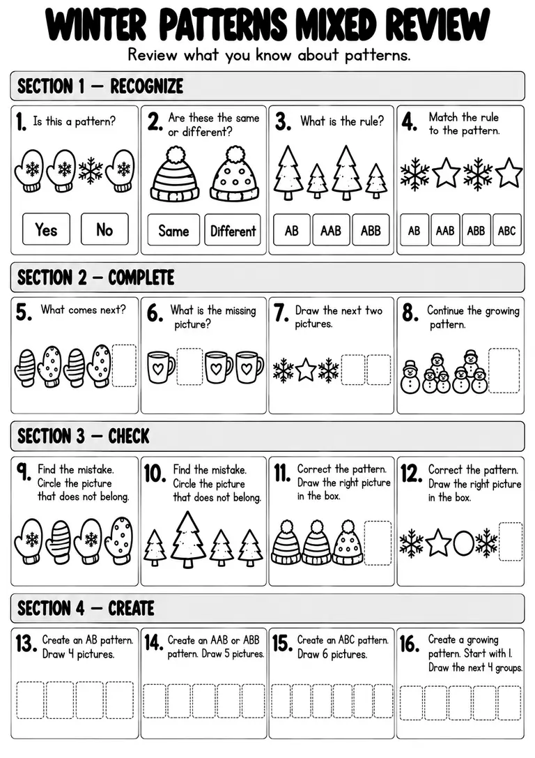 Winter Patterns Mixed Review for Kindergarten, 1st Grade